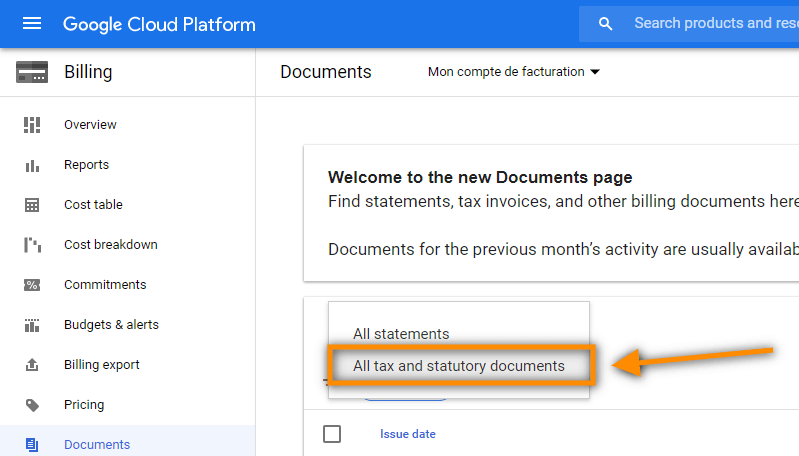 Facturation Google Cloud Platform - Etape 5 - Afficher les documents relatif aux taxes